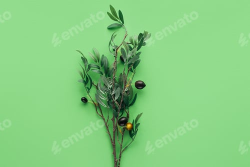 Preview: top view of branch with green leaves and decorated berries on green