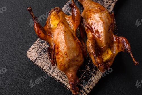 Preview: Roasted quail, partridge or pigeon stuffed with orange with spices and herbs