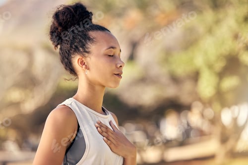 Preview: Black woman, breath and hand on chest, for meditation and wellness being peaceful to relax. Bokeh,