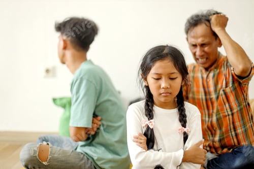 Preview: Little Girl With Brother Sulking And Father Confused Touching His Head