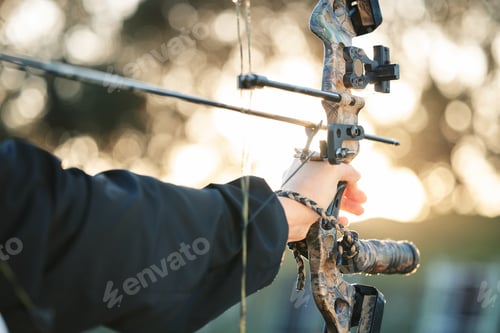 Preview: Hands, bow and arrow with aim for target, training and exercise for goal, mission and learning for