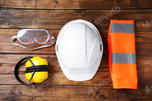 Preview: Different safety equipment on wooden table, flat lay