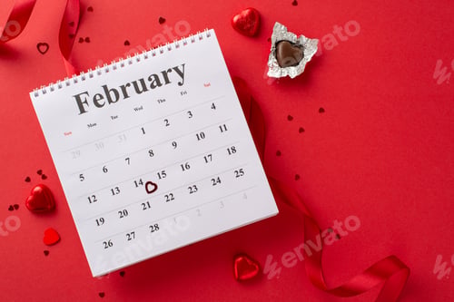Preview: Romantic preparations: top view February calendar, chocolates, silk ribbon