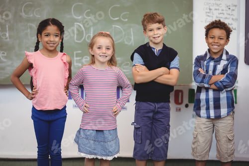 Preview: Portrait of smiling schoolkid standing in classroom