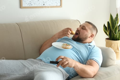 Preview: Lazy overweight man with donuts watching TV on sofa at home
