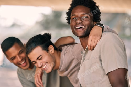 Preview: Friends laughing together, men outdoor with hug and funny, relax and happy with diversity, smile an