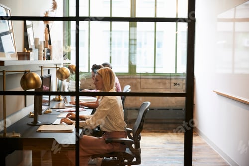 Preview: Business team working in an office booth, close up