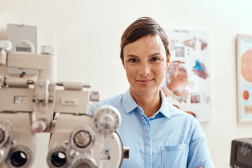 Preview: Portrait of a confident woman using an optical refractor in an optometrists office