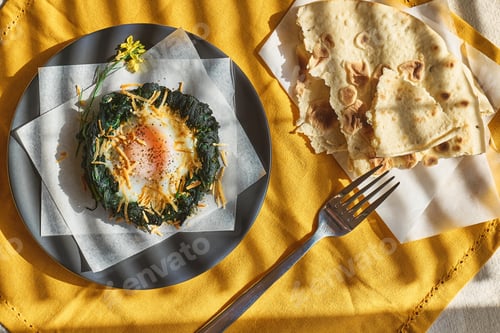 Preview: Easter breakfast idea. Baked spinach egg nests decorated with grated cheese and black pepper.