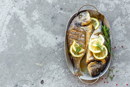 Preview: Baked fish dorado. Sea bream or dorada fish grilled
