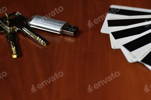 Preview: Credit card, memory card and keys - Online security or real estate concept