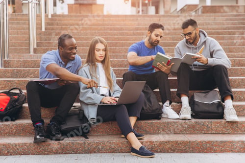 Preview: Diverse Group of Students Studying Together on University Campus Steps with Laptops and Books