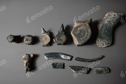 Preview: Dinosaur backbone fossil bones. Relic skeleton bone structure on specimen.