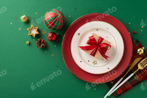 Preview: Curate your festive dining ambiance: Top view snapshot of tableware, golden cutlery, giftbox