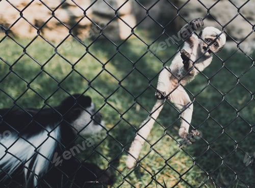 Preview: Curious baby wild animal climbing a fence enclosure with parent close by