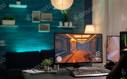 Preview: Close up of empty gaming home studio with neon lights