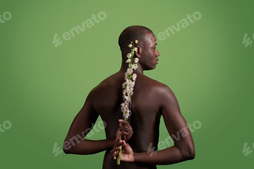 Preview: Back of young muscular man of African ethnicity holding white flowers