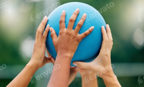 Preview: Netball, hands and woman holding a ball during a game for support, teamwork or training together. S