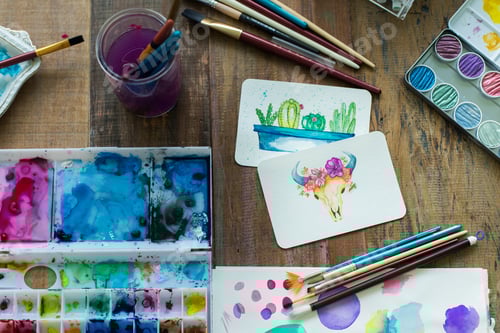 Preview: Watercolor Painting Still Life on Wood Tabletop