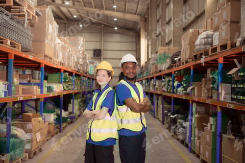 Preview: Portrait of confident warehouse staff standing with thumb up in a warehouse
