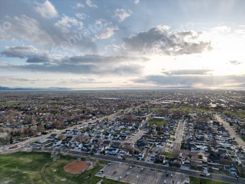 Preview: Aerial view of an urban area, captured from a high-altitude perspective in Roy, Utah