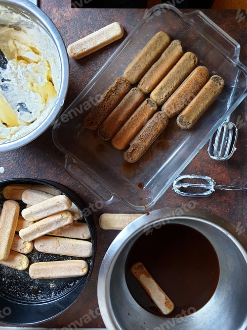 Preview: Overhead view of making tiramisu cake with ingredients