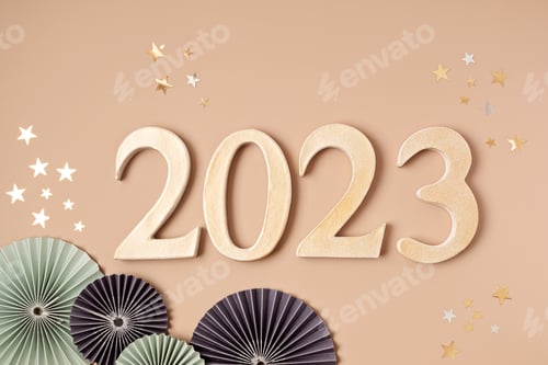 Visualização: Figuras 2023 em fundo neutro. Feliz Ano Novo, festa, ideia de celebração