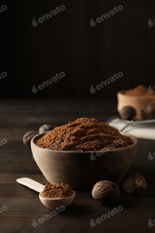 Preview: Concept of spices and condiments, nutmeg powder, space for text