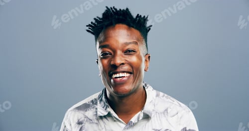 Preview: Fashion, studio and portrait of man, laughing and stylish outfit for model, mockup and trendy for g