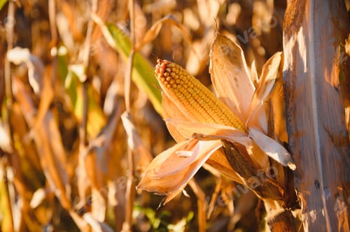 Preview: close-up yellow ripe corn on stalks for harvest in agricultural cultivated field, fodder industry.