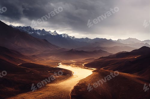 Preview: Mesmerizing scenery of the river among the rocky mountains under gloomy and cloudy sky
