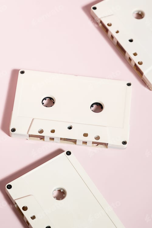Preview: Pastel Color Audio Cassette Tapes. Retro Music Recording Technology of Eighties or Nineties Years.