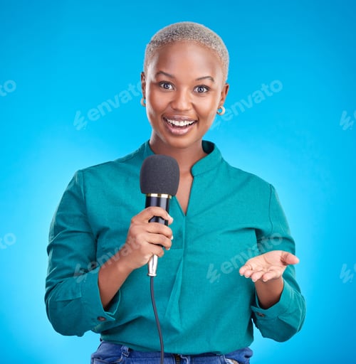 Preview: Woman, microphone and studio portrait for interview, news program or questions for talk show by blu