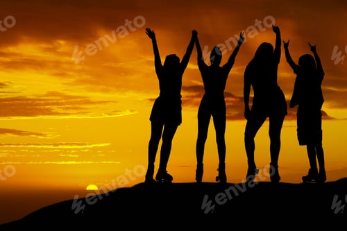 Preview: Hiking friends silhouette on mountain with sunset sky or horizon. Young, fitness or carefree people