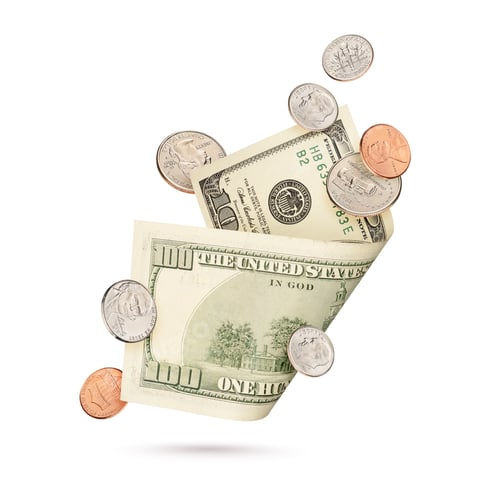 Preview: Hundred dollar and different cent coins isolated on a white