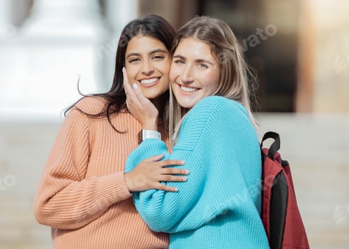 Preview: Girl friends, students and portrait of women together on campus with smile, diversity and hope for