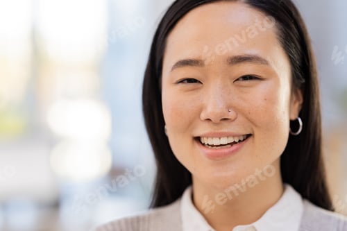 Preview: Business woman, face and happy with success and mockup space, vision and professional mindset with