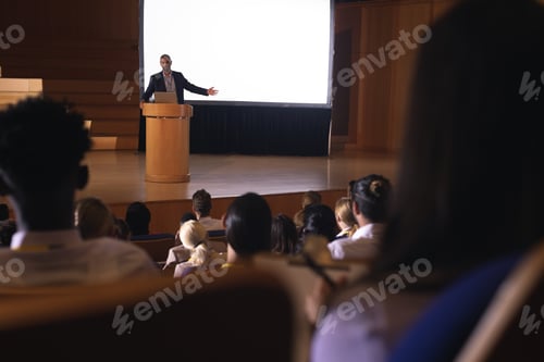 Preview: Front view of mixed race businessman giving presentation on white projector in front of the audience