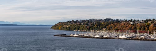 Preview: Aerial Panoramic View of boats in a Marina on the Ocean Shore
