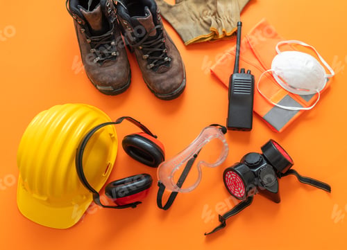 Preview: Work wear safety protection equipment, orange color background, personal protective gear