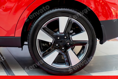 Preview: Wheel on a red car. View from the front. It's a beautiful wheel. Close-up.