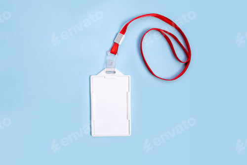Preview: White Blank Plastic ID Card With Red Lanyard On Light Blue Background