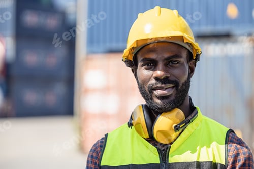 Preview: Portrait African American Black Worker with safety equipment happy smiling looking camera.
