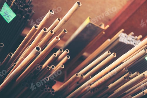 Preview: Stack of steel pipes in metal factory shop