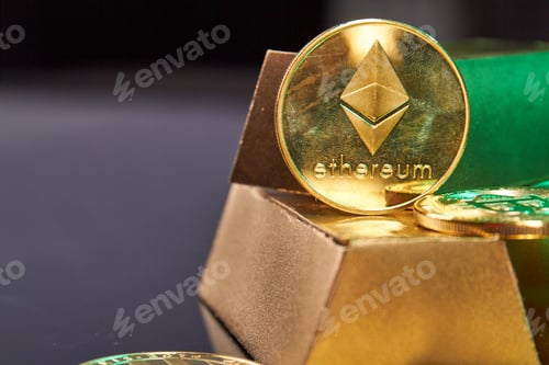 Preview: Golden ethereum coin on the ingot close-up.