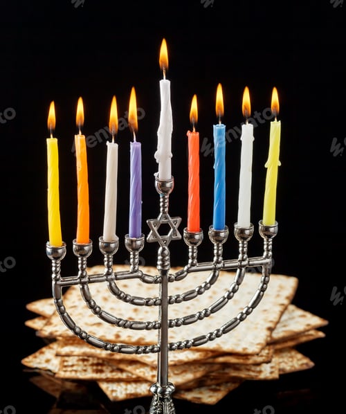Preview: Menorah with candles for Hanukkah on black background