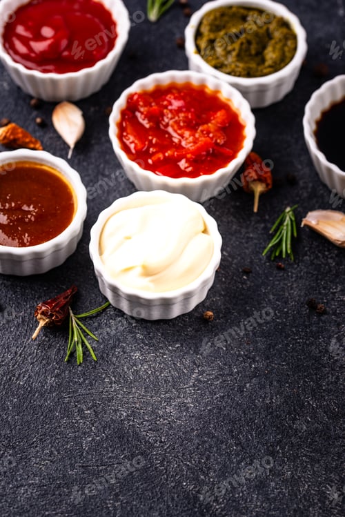 Preview: Set of different sauces. Ketchup, mustard, pesto