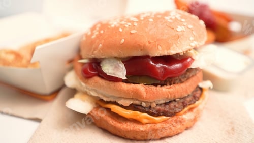 Preview: Double patty cheeseburger with lettuce, ketchup, pickles and cheese