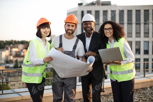 Preview: Multicultural developers smiling at camera on terrace