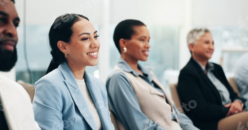 Preview: Smile, laughing a business woman in a meeting with her colleagues for training in a workshop or sem